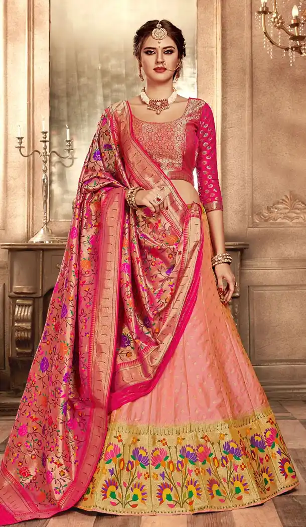 Pink and Peach Color Pure Banarasi Silk Designer Lehenga Choli - 395247693
