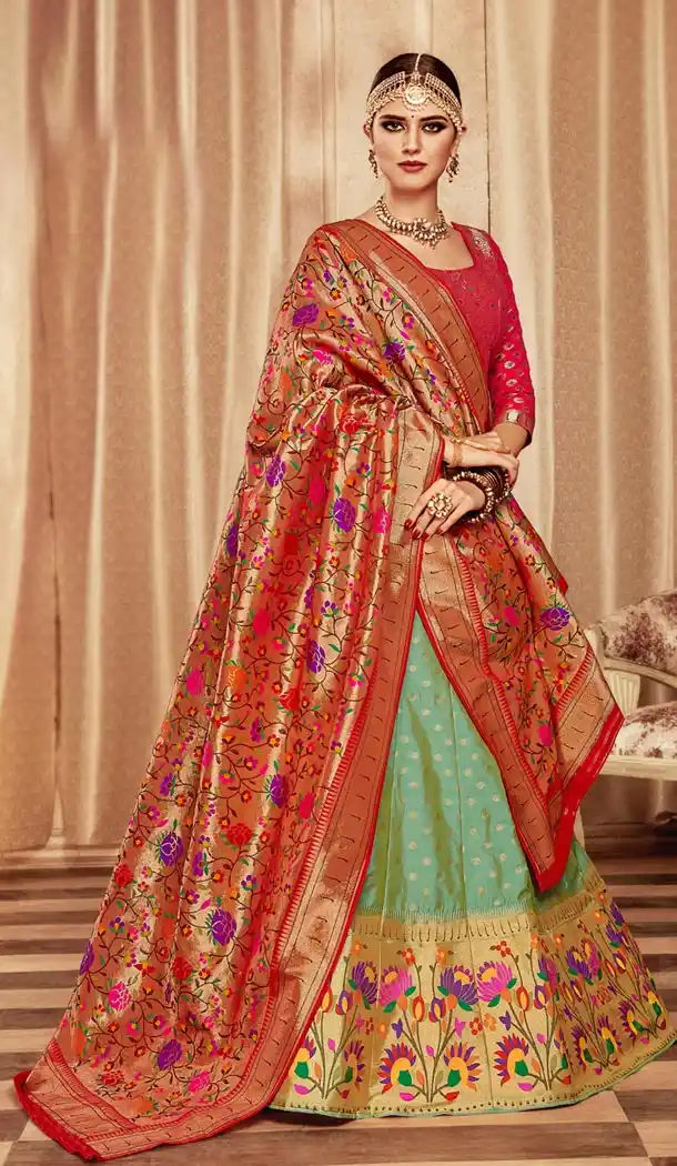 Green Color Pure Banarasi Silk Designer Lehenga Choli - 395247694