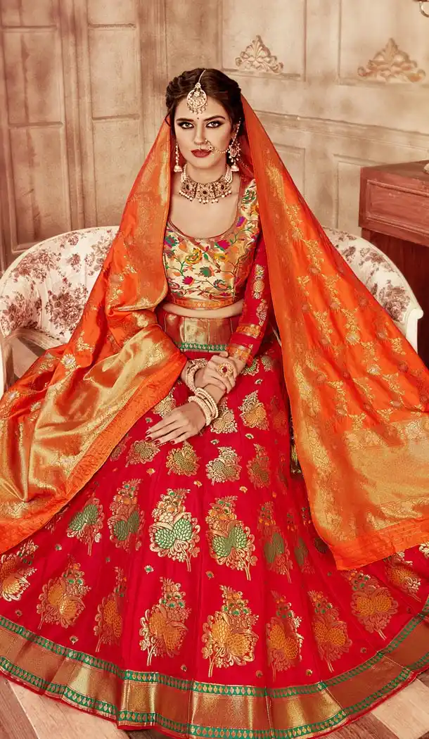 Charming Red Color Pure Banarasi Silk Designer Lehenga Choli - 395247695