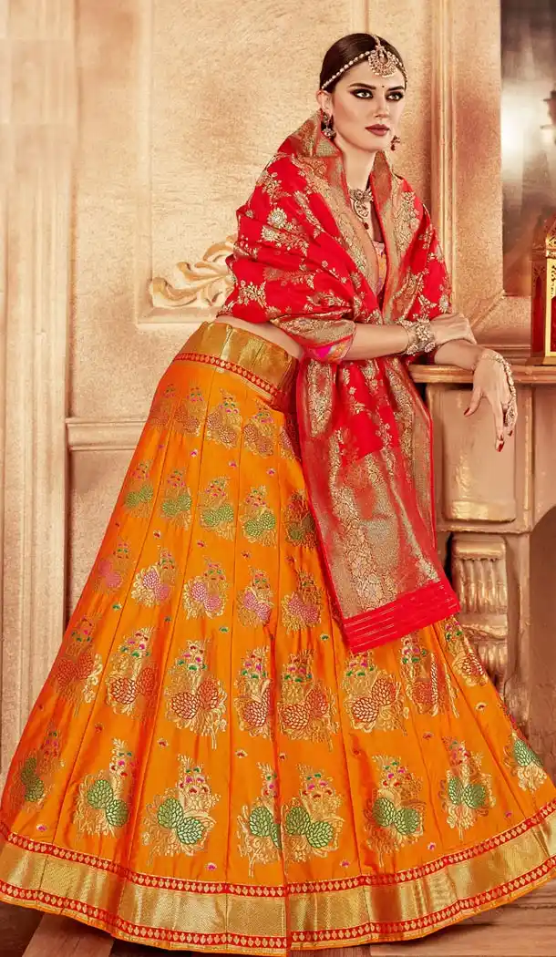 Orange Color Pure Banarasi Silk Designer Lehenga Choli - 395247696