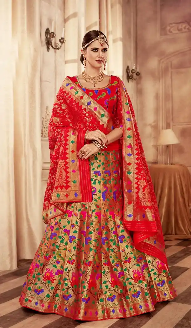 Red and Gold Color Pure Banarasi Silk Designer Lehenga Choli - 395247697