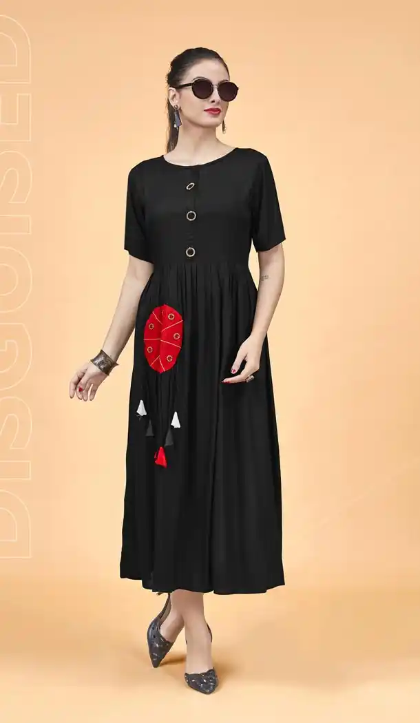 Heavy Rayon Black Color Party Wear Ready Made Kurti - 401148435