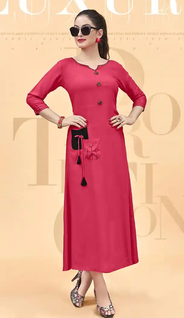 Heavy Rayon Rose Pink Color Party Wear Ready Made Kurti - 401148437