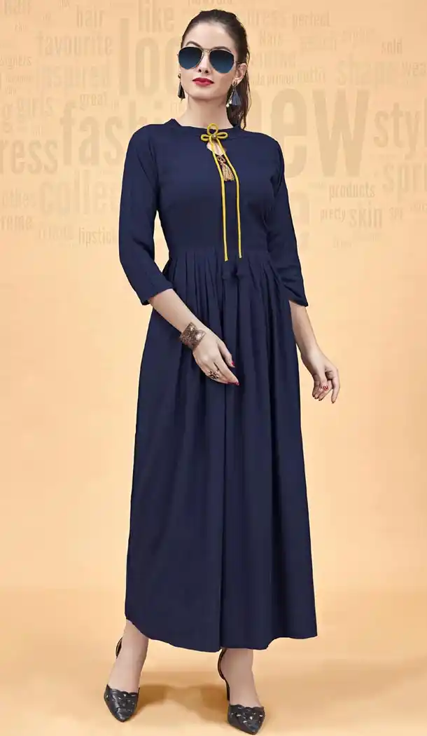 Heavy Rayon Navy Blue Color Party Wear Ready Made Kurti - 401148438