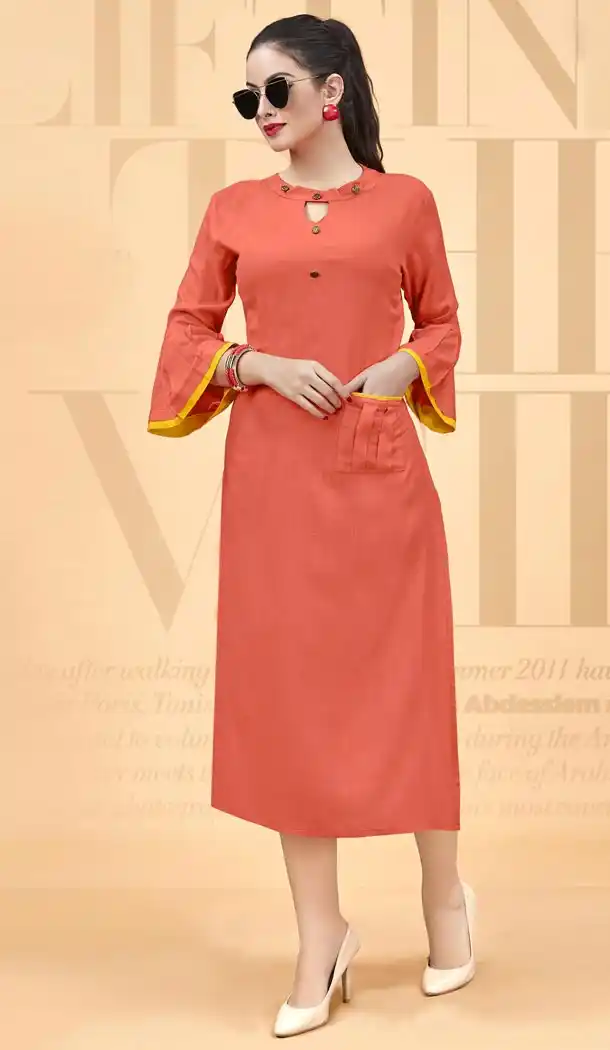 Heavy Rayon Orange Color Party Wear Ready Made Kurti - 401148439