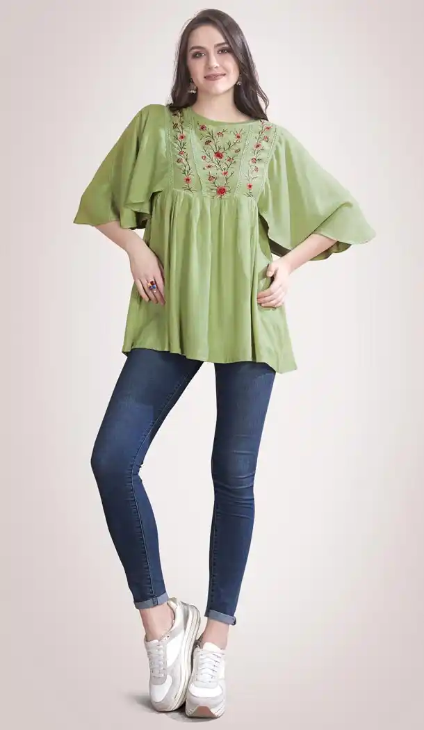 Green Color Rayon Flex Party Wear Ready Made Short Kurti - 401248440