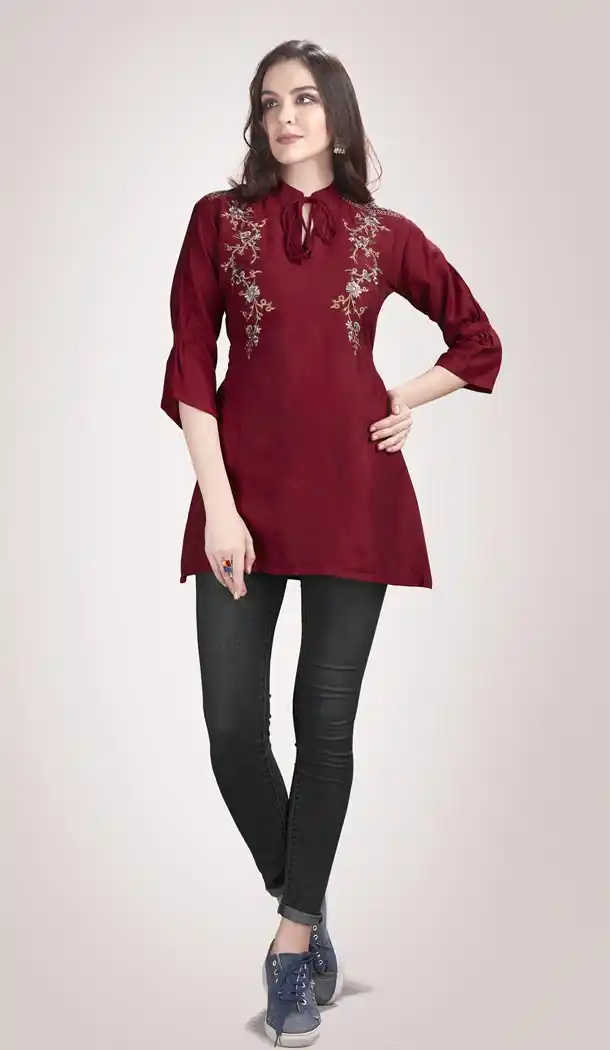 Maroon Color Rayon Flex Party Wear Ready Made Short Kurti - 401248442