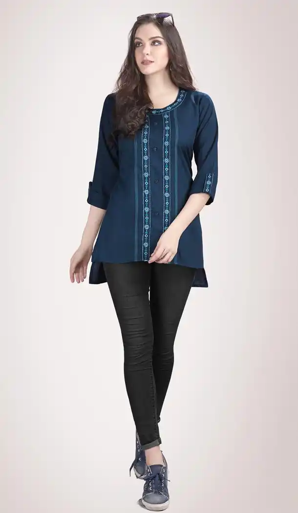 Blue Color Rayon Flex Party Wear Ready Made Short Kurti - 401248443