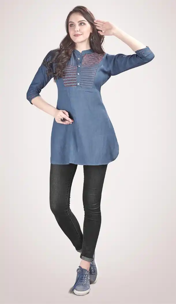 Blue Color Rayon Flex Party Wear Ready Made Short Kurti - 401248445
