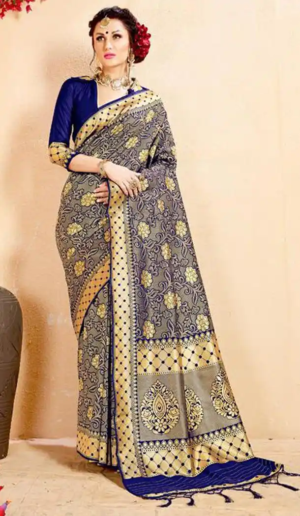 Navy Blue Color Banarasi Art Silk Traditional Wear Women Saree Blouse - 401548463