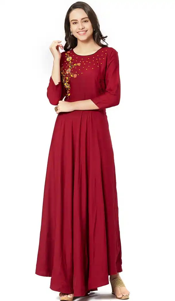 Ravishing Maroon Color Rayon Designer Long Readymade Kurtis for Girl - 402148566