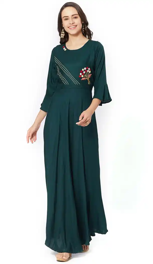 Green Color Rayon Designer Long Readymade Kurtis for Girl - 402148567