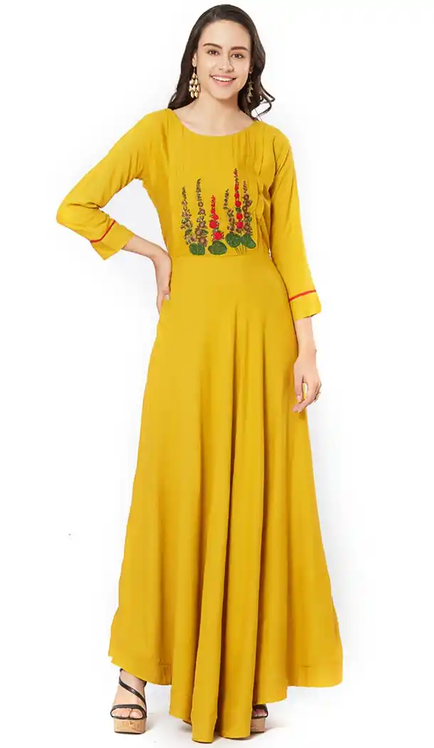 Mesmerizing Yellow Color Rayon Designer Long Readymade Kurtis for Girl - 402148568