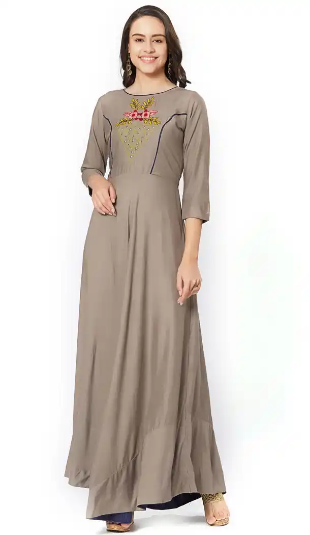 Luscious Grey Color Rayon Designer Long Readymade Kurtis for Girl - 402148569
