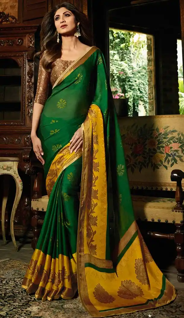 Shilpa Shetty Green Color Brasso Bollywoode Celebrity Party Saree Blouse - 402648609