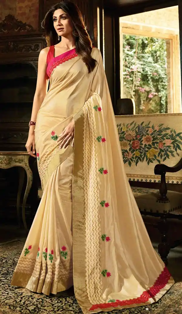 Shilpa Shetty Beige Color Bhagalpuri Silk Bollywoode Celebrity Party Saree Blouse - 402648611