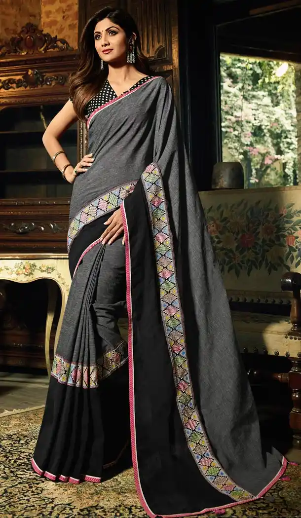 Shilpa Shetty Grey Color Bhagalpuri Cotton Bollywoode Celebrity Party Saree Blouse - 402648612