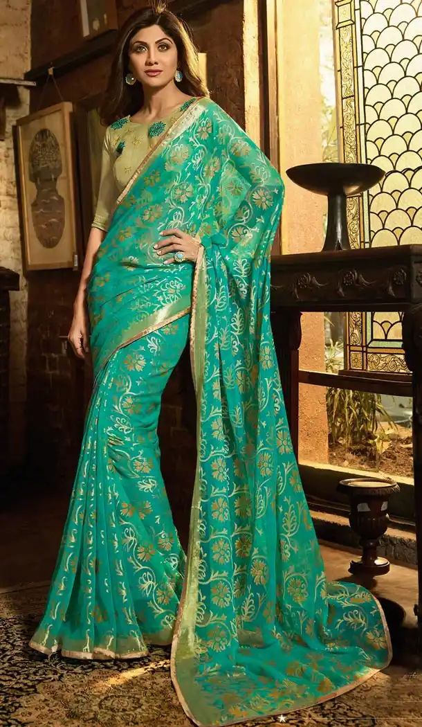 Shilpa Shetty Green Color Brasso Bollywoode Celebrity Party Saree Blouse - 402648615