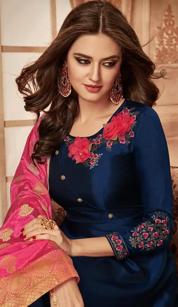 Navy Blue Color Tapeta Indo Western Designer Readymade Gown Suit - 403148681