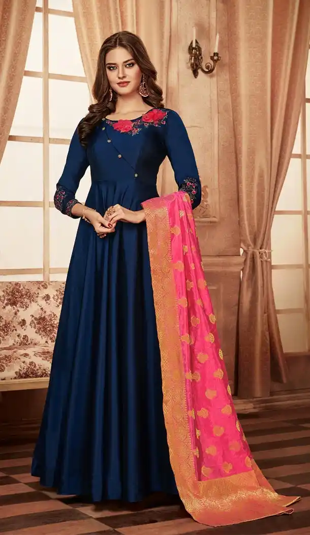 Navy Blue Color Tapeta Indo Western Designer Readymade Gown Suit - 403148681