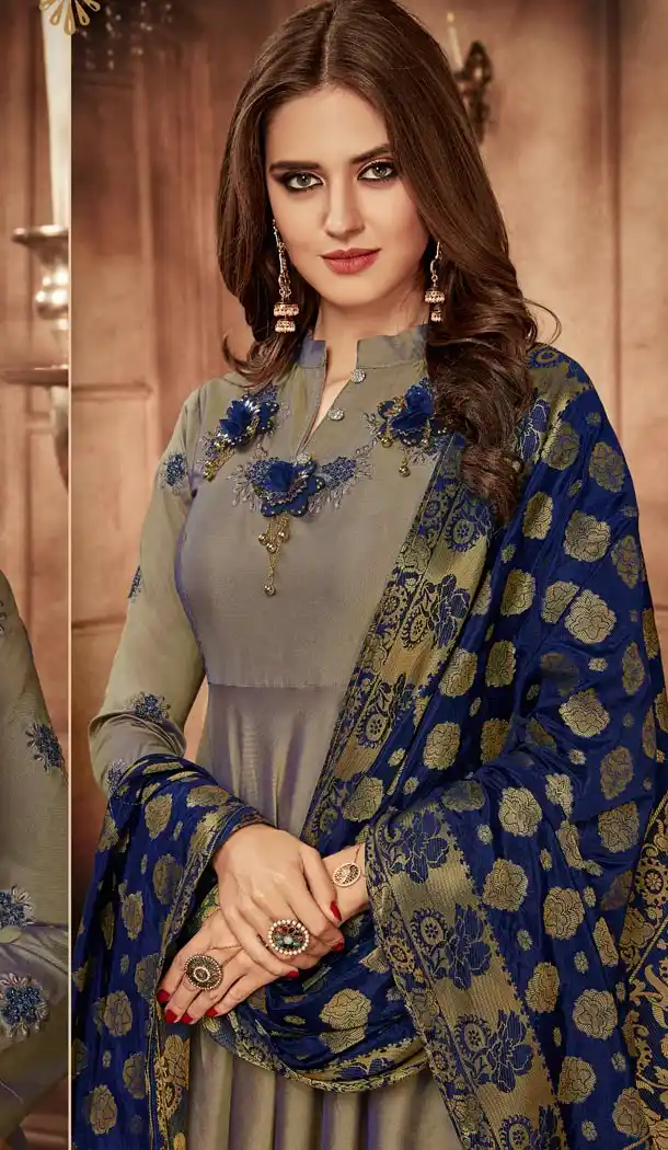 Dark Grey Color Tapeta Indo Western Designer Readymade Gown Suit - 403148682