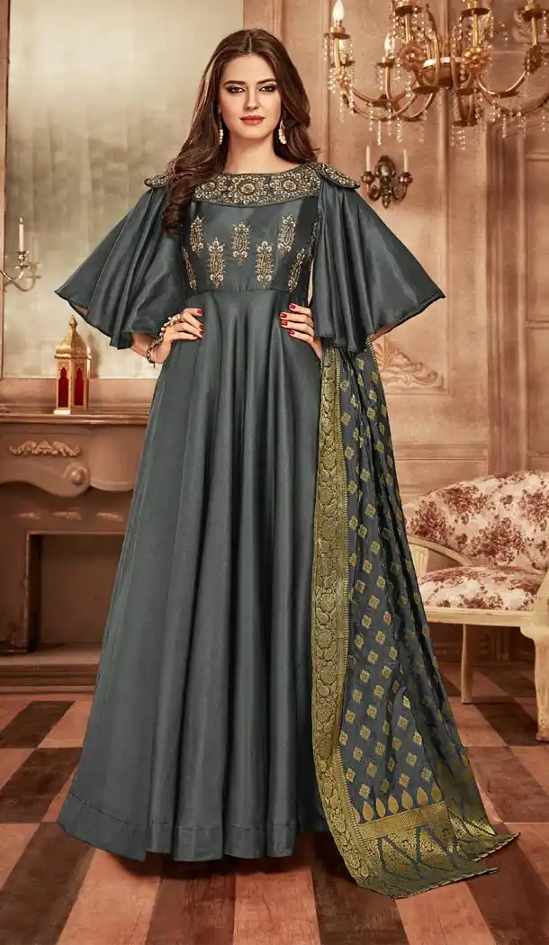 Dark Grey Color Tapeta Indo Western Designer Readymade Gown Suit - 403148685