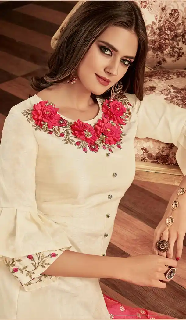 Off White Color Tapeta Indo Western Designer Readymade Gown Suit - 403148686