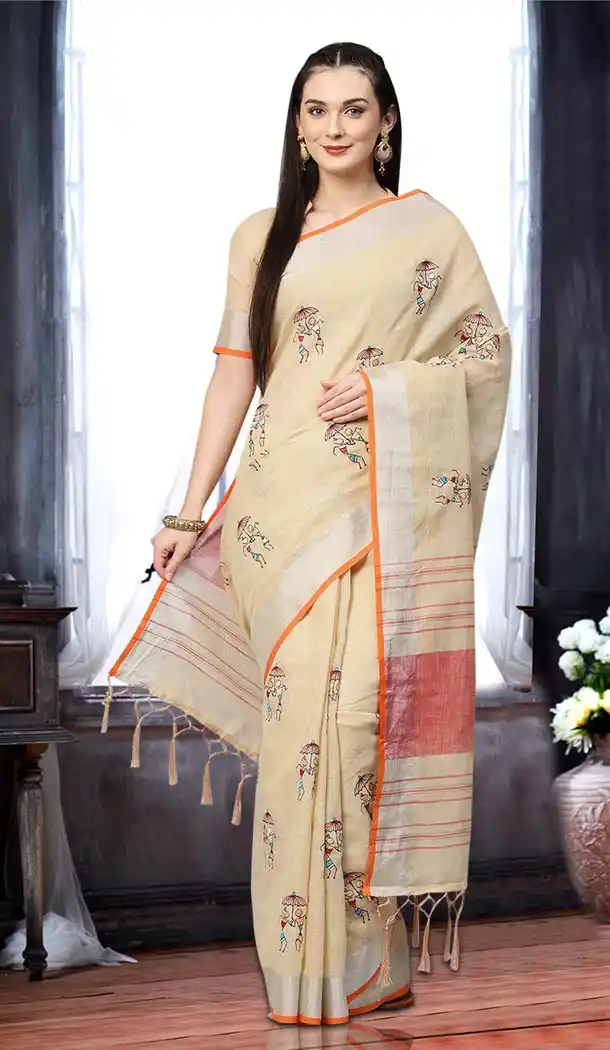Cream Color Linen Casual Office Wear Saree Blouse - 402748616