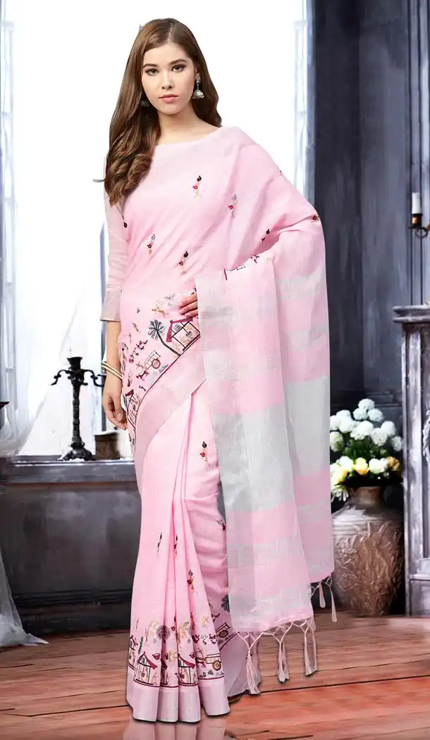 Light Pink Color Linen Casual Office Wear Saree Blouse - 402748619
