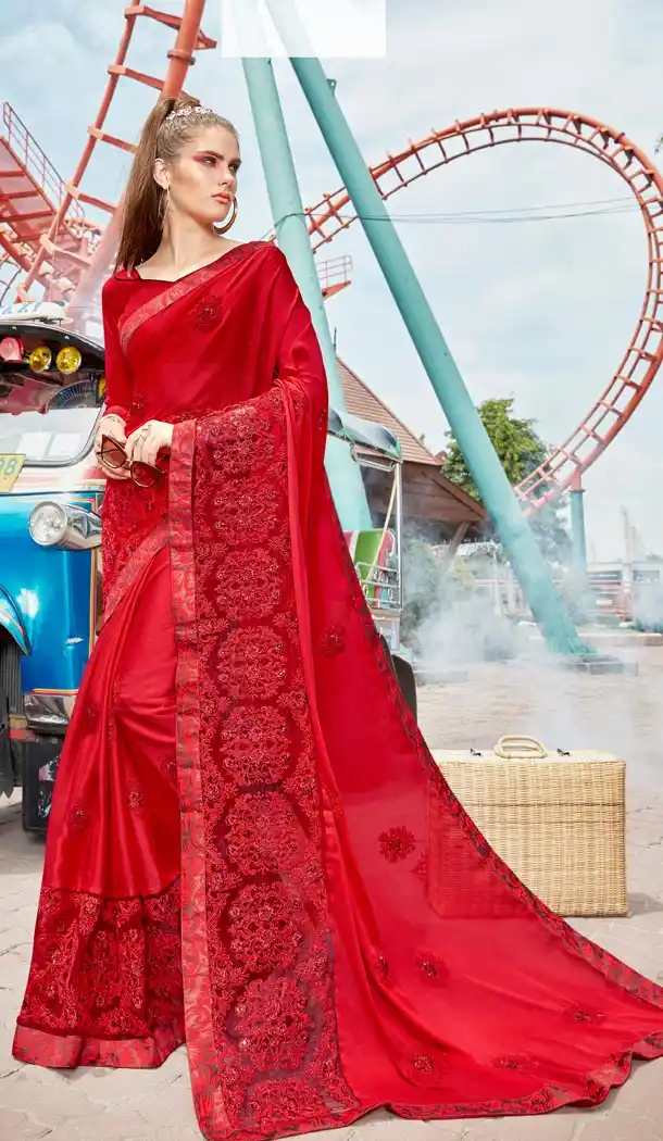 Red Color Satin Silk Resham Embroidery Party Saree Blouse For Women - 58968333