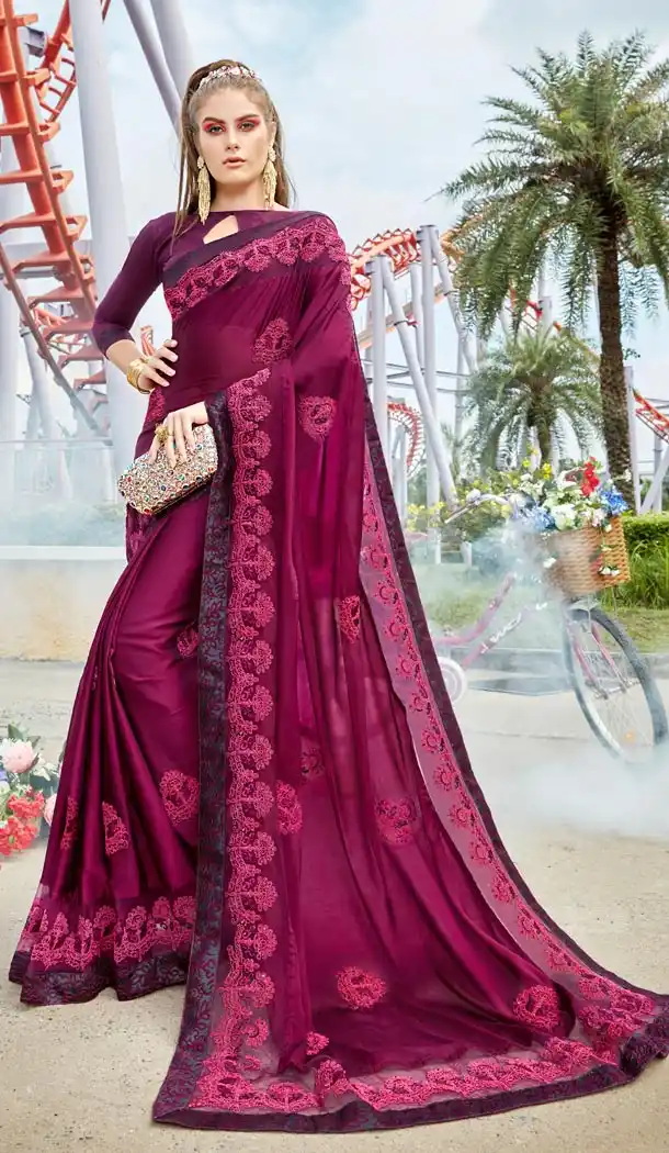 Elegance Wine Color Satin Silk Resham Embroidery Party Saree Blouse For Women - 58968334