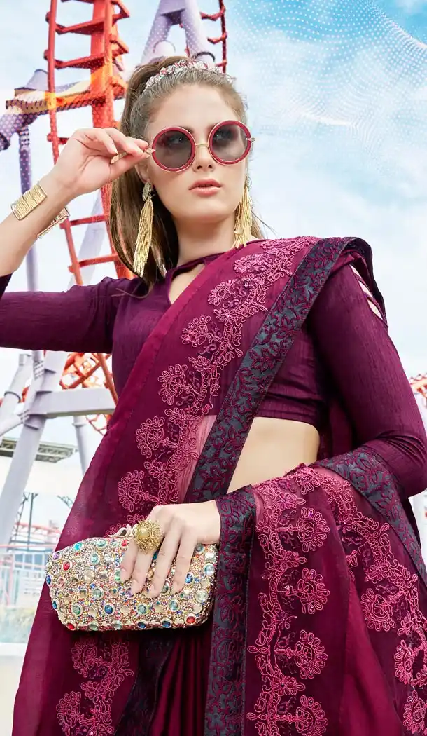 Elegance Wine Color Satin Silk Resham Embroidery Party Saree Blouse For Women - 58968334
