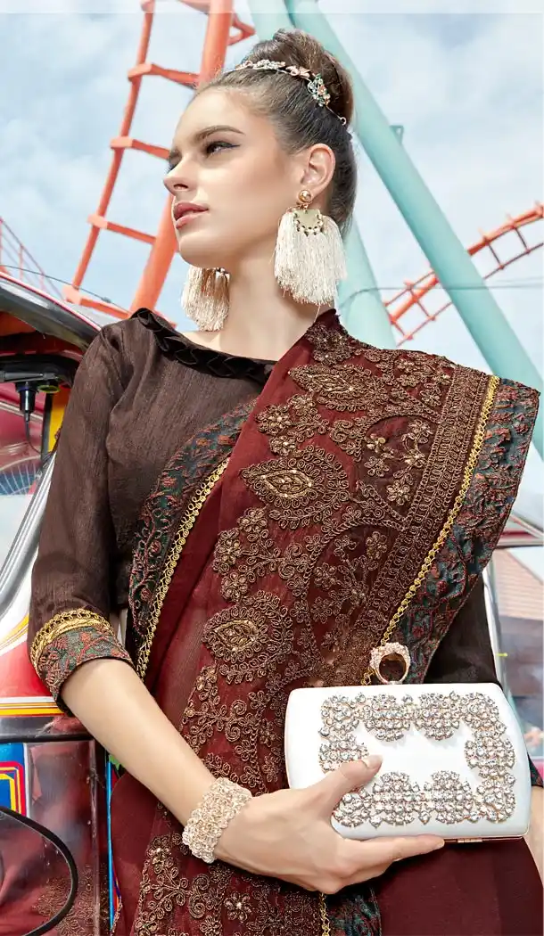 Brown Color Silk Georgette Resham Embroidery Party Saree Blouse For Women - 58968335