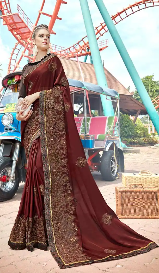 Brown Color Silk Georgette Resham Embroidery Party Saree Blouse For Women - 58968335
