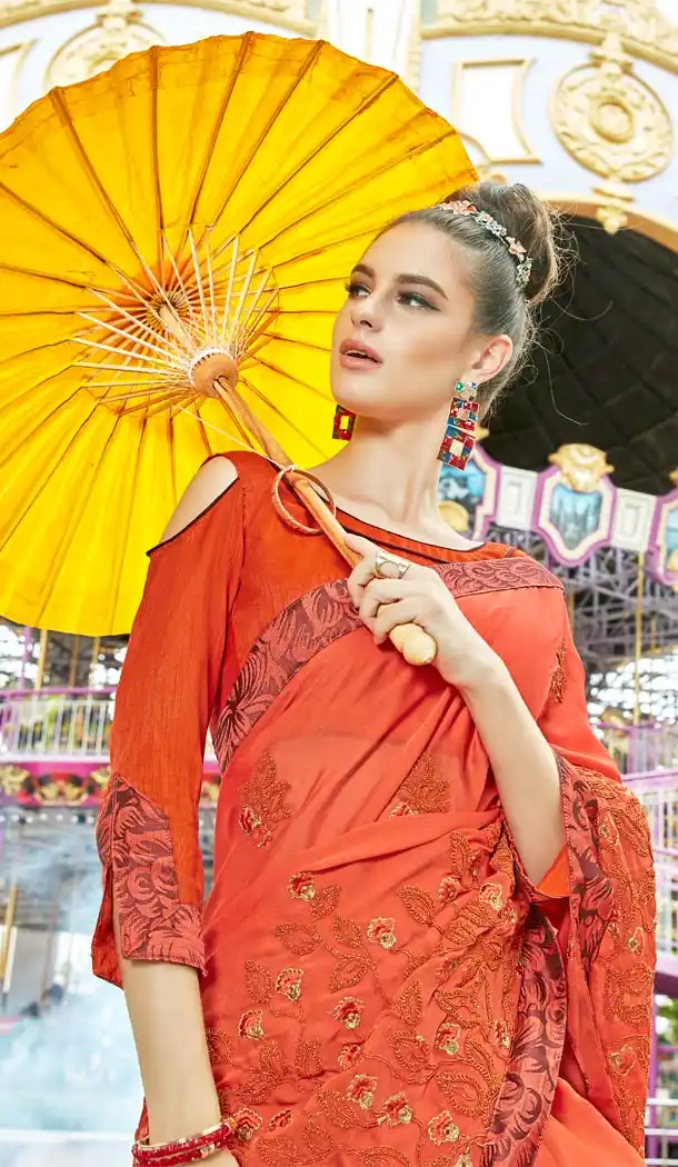 Orange Color Chiffon Resham Embroidery Party Saree Blouse For Women - 58968337