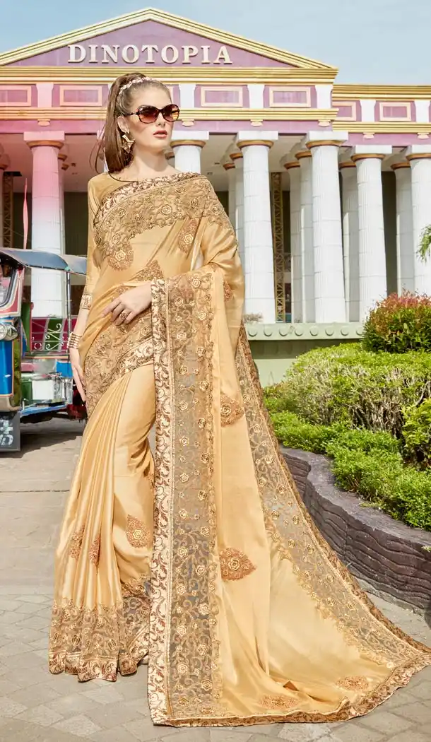 Beige Color Satin Silk Resham Embroidery Party Saree Blouse For Women - 58968339