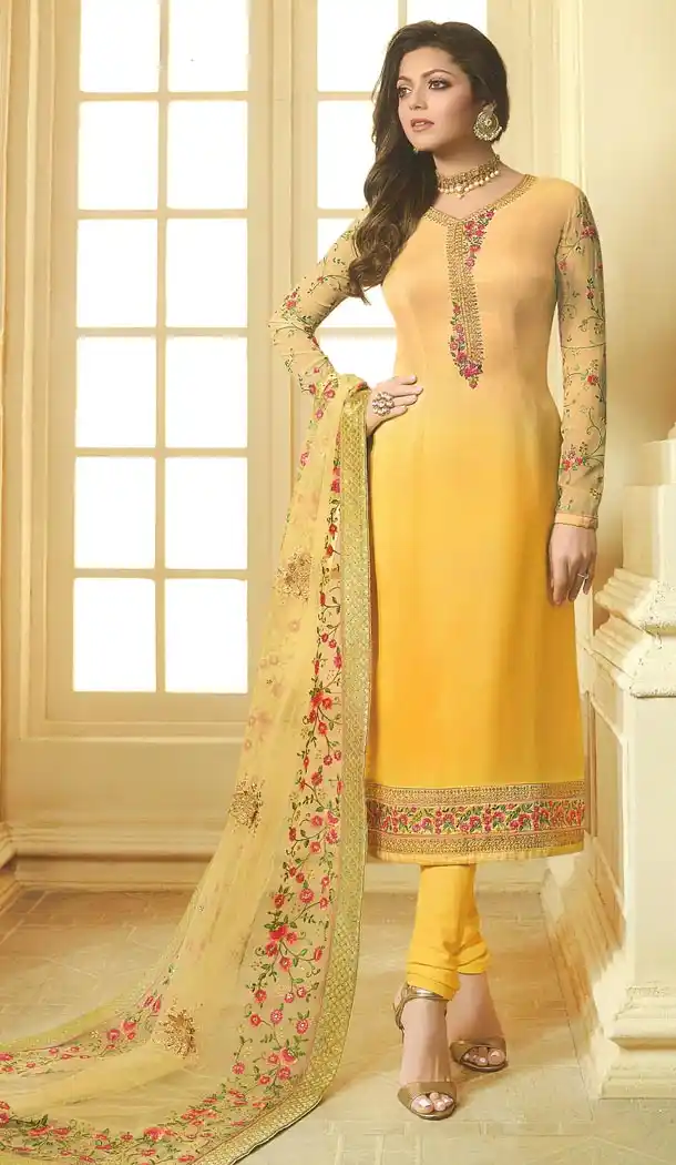 Drashti Dhami Tv Actress Yellow Color Georgette Satin Party Salwar Kameez - 59048426