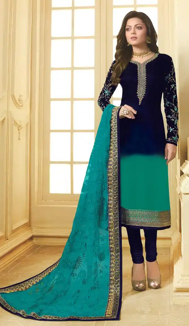 Drashti Dhami Tv Actress Navy Blue Color Georgette Satin Party Salwar Kameez - 59048429
