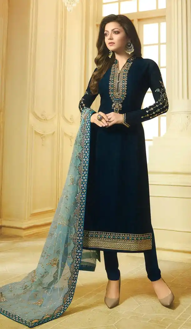 Drashti Dhami Tv Actress Navy Blue Color Georgette Satin Party Salwar Kameez - 59048431