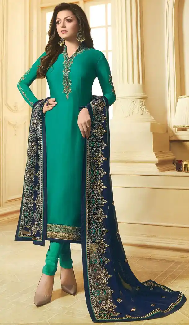 Drashti Dhami Tv Actress Teal Blue Color Georgette Satin Party Salwar Kameez - 59048434