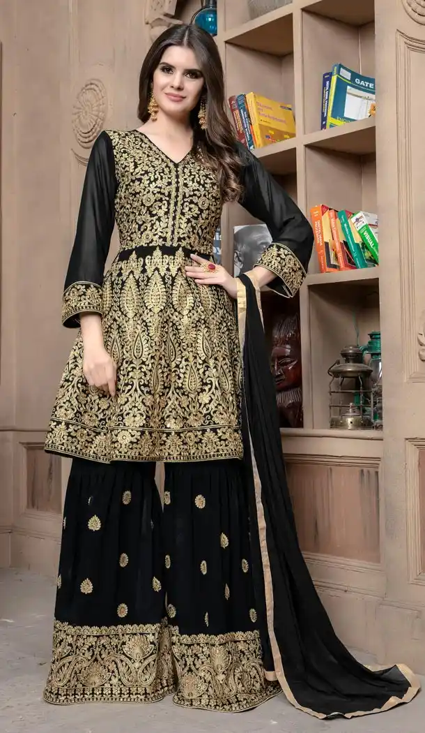 Pakistani Style Designer Black Color Georgette Sharara Suit For Women - 59098476