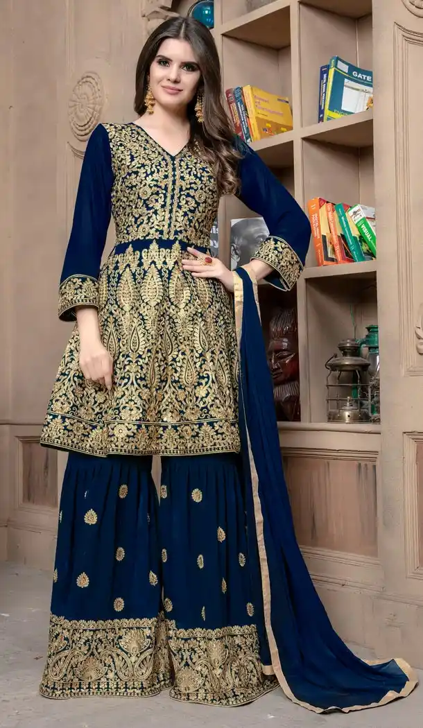 Pakistani Style Designer Navy Blue Color Georgette Sharara Suit For Women - 59098478
