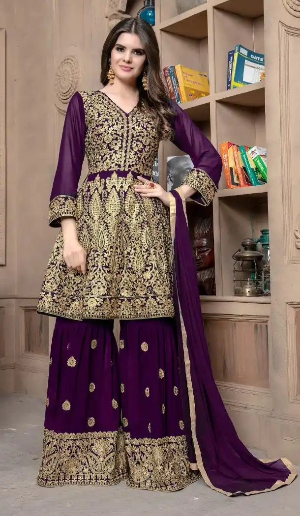 Pakistani Style Designer Wine Color Georgette Sharara Suit For Women - 59098479