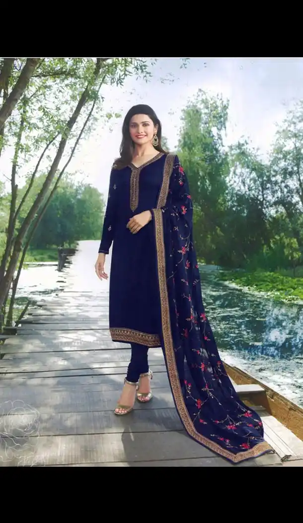 Prachi Desai Tv Actress Navy Blue Color Satin Georgette Party Salwar Kameez - 59118489