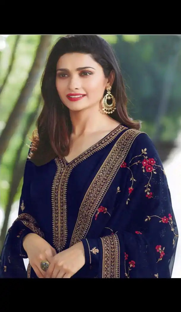 Prachi Desai Tv Actress Navy Blue Color Satin Georgette Party Salwar Kameez - 59118489