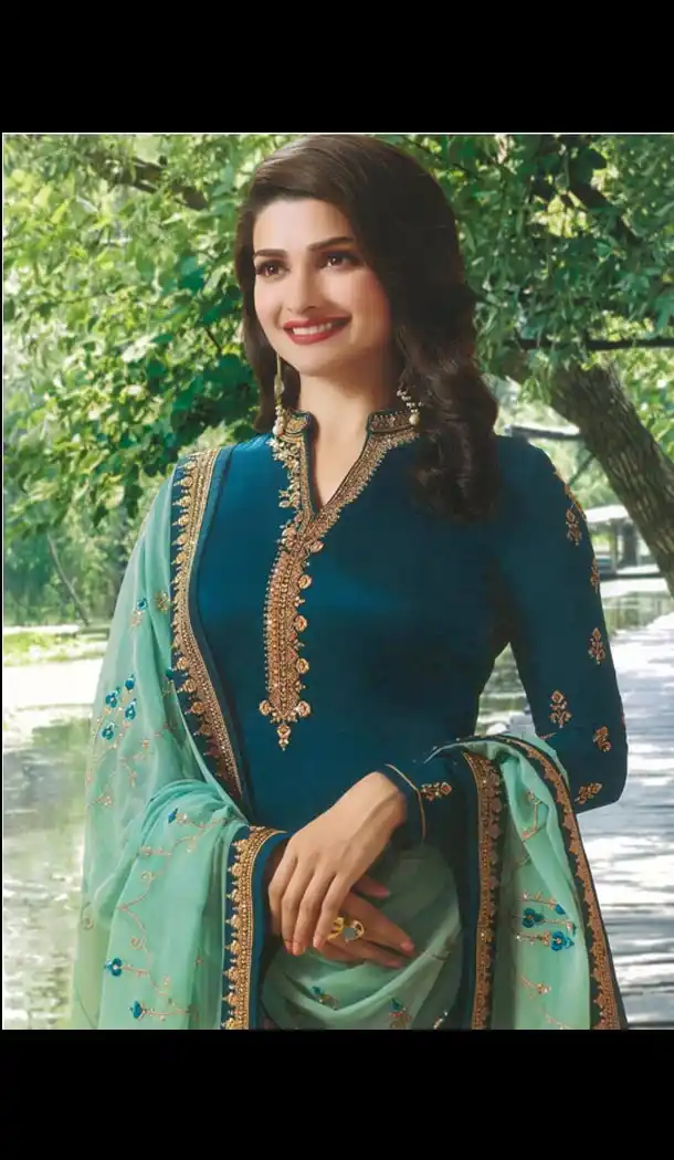Prachi Desai Tv Actress Teal Blue Color Satin Georgette Party Salwar Kameez - 59118492