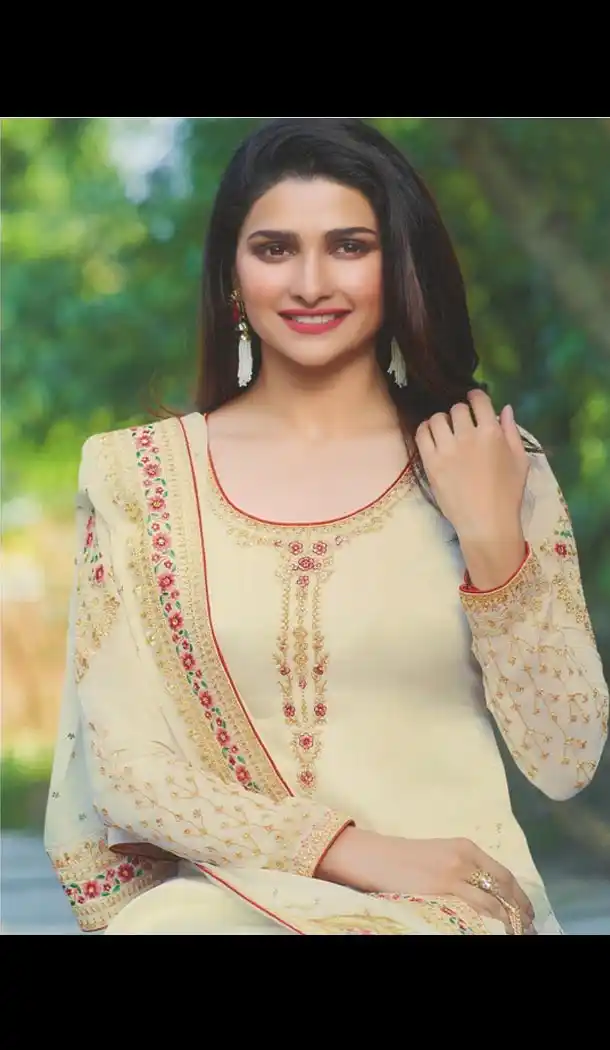 Prachi Desai Tv Actress Cream Color Satin Georgette Party Salwar Kameez - 59118493
