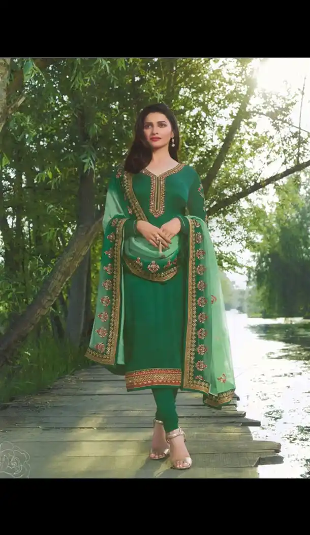 Prachi Desai Tv Actress Green Color Satin Georgette Party Salwar Kameez - 59118495
