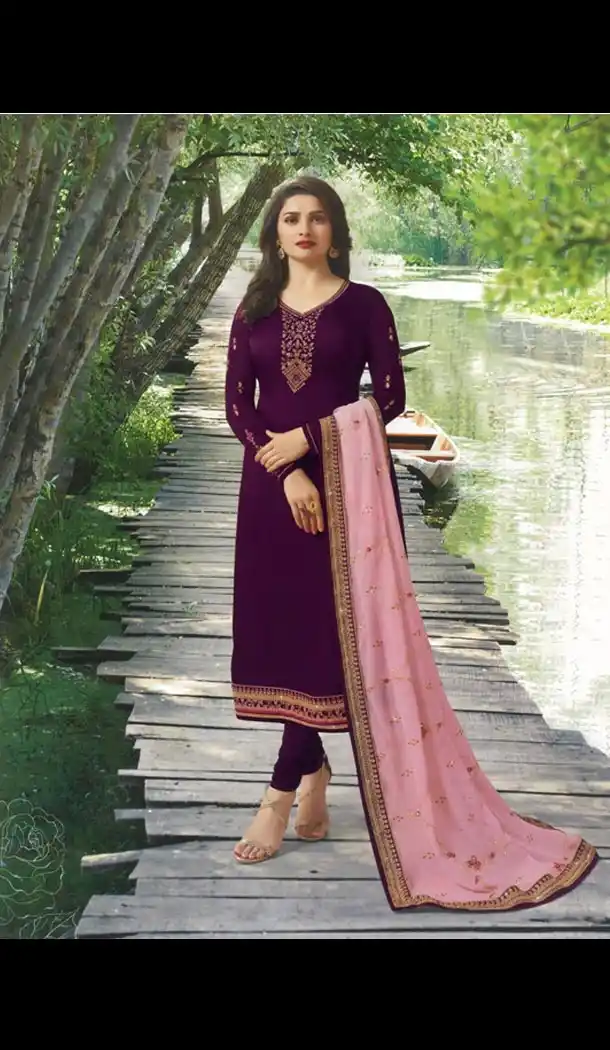 Prachi Desai Tv Actress Wine Color Satin Georgette Party Salwar Kameez - 59118496