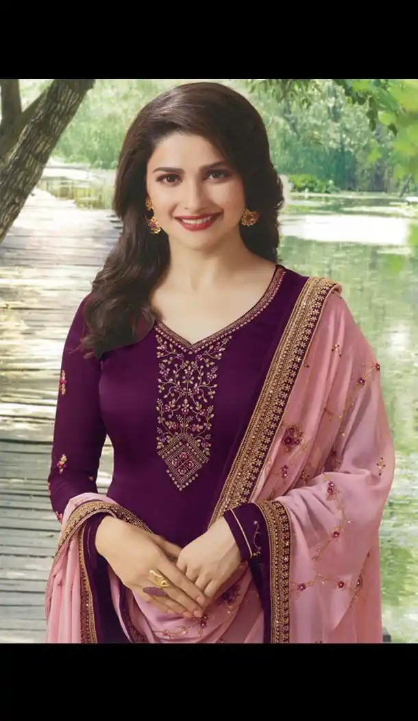 Prachi Desai Tv Actress Wine Color Satin Georgette Party Salwar Kameez - 59118496